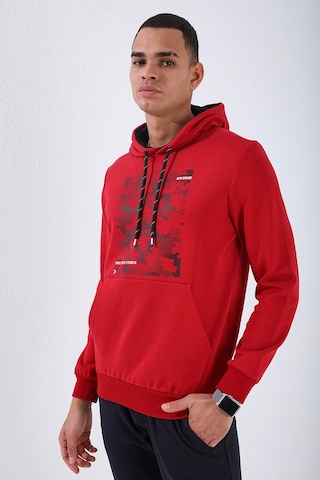 Tommy Life Kırmızı Kamuflaj Desen Baskılı Standart Kalıp Kapüşonlu Erkek Sweatshirt - 87884 Kırmızı