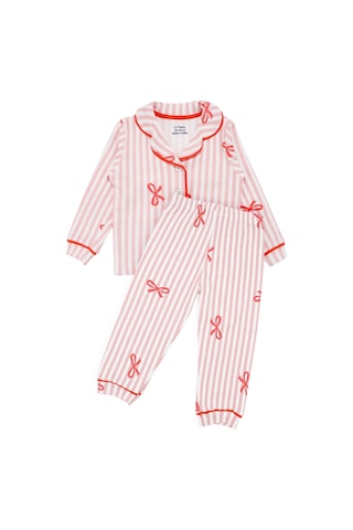 Bebegen Kız Bebek Beyaz Pudra Fiyonklu Çizgili Pijama Takımı