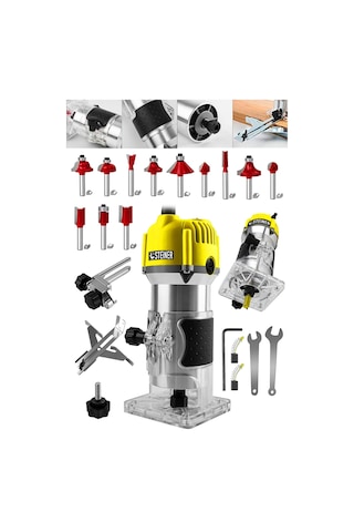 Steiner 3000 W 6 Kademe Devir Ayarlı Formika Traşlama Freze Makinesi 6 MM Pens Sarı + 12 Adet Uç