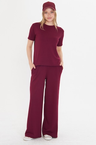 Thiff Gymwear Lacivert Kadın Modal Kumaş Kısa Kolu Eşofman Takımı Bordo