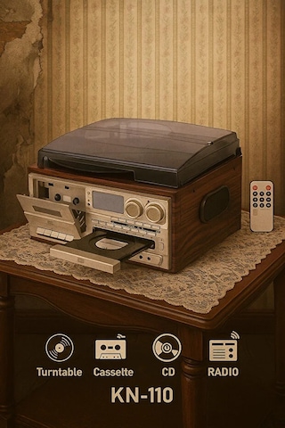 Kn-110 Vintage Plak Cd Kaset Usb Bluetooth Tf Aux Özelikli Pikap Kahverengi
