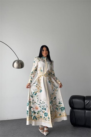 Neşeli Butik Kadın Kahverengi Hakim Yaka Çiçek Desenli Maxi Boy Tasarım Elbise Nbms2653 Ekru