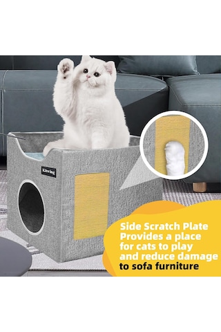 İç Mekan Kedileri İçin Kedi Yatağı, Katlanabilir Kedi Hideaway Çift Katlı Kedi Evi, Çizik Plakalı Kedi Evi, Ç