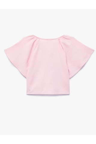 Koton Kısa Kollu V Yaka Keten Ve Viskon Karışımlı Bağlamalı Bluz Pembe 6skg60016aw Gül