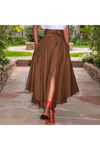 Zanzea Bayan Yaz Yüksek Bel A Hattı Yırtmaçlı Etek Cepli Kahverengi