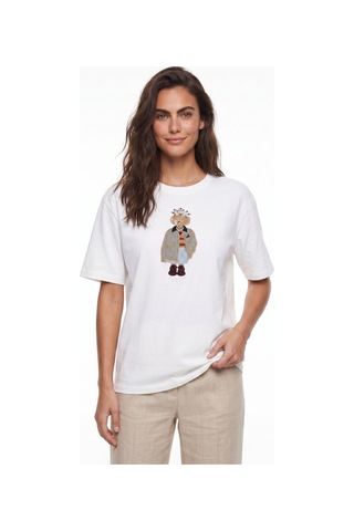Onloox Kadın Beyaz Beyaz Pamuklu Kısa Kollu Relaxed Fit Köpek Nakışlı Taş İşlemeli T-shirt