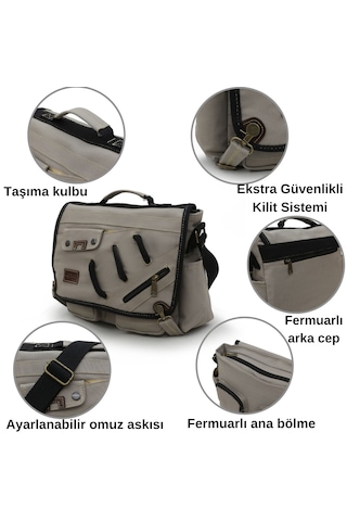 Cappadocia Vintage 4017 Açık Gri 14" Laptop Kanvas Postacı Okul Çantası Unisex Kilitli Çok Cepli Omuz Askılı Açık Gri