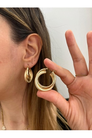 Altın Nesil 14 Ayar Altın Çift Halka Kalın Boru Yuvarlak Küpe Sarı Altın