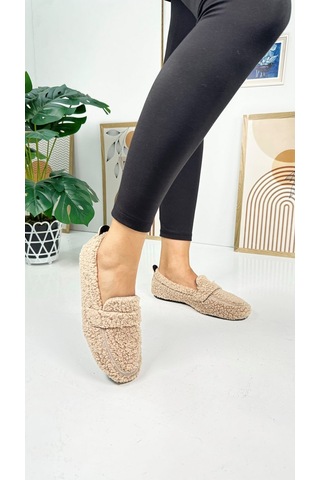 Günlük Kadın Loafer Peluş Astarlı Oval Burunlu Alçak Desenli Tabanlı Ayakkabı 375 VIZON