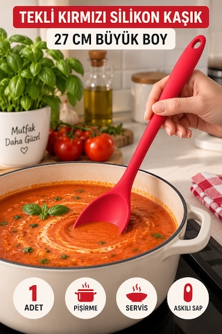 Tekli Kırmızı Büyük Boy Silikon Kaşık 27 Cm Mutfak Yemek Pişirme Ve Servis Kaşığı Evde Kullanım İçin