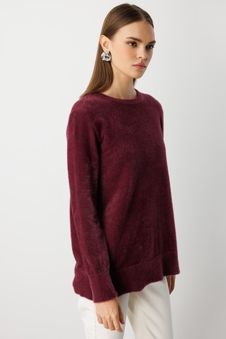 Mizalle Yuvarlak Yaka Oversize Yumuşak Dokulu Mürdüm Triko Kazak Mürdüm