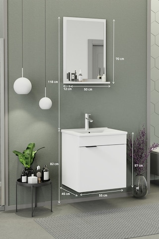 Biani Fix Arya 55 Cm Banyo Dolabı,Seramik Lavabolu, Aynalı,Lavabo Dahil,Mdf,Mat Beyaz
