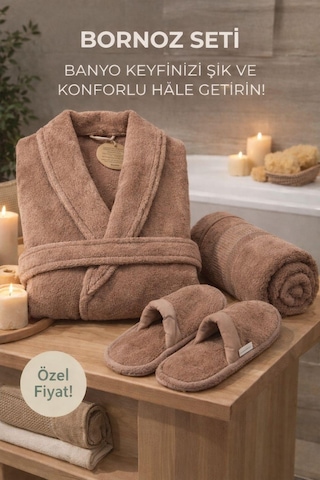 Özdilek Colourist Banyo Bornoz Seti Bej X-l Beden