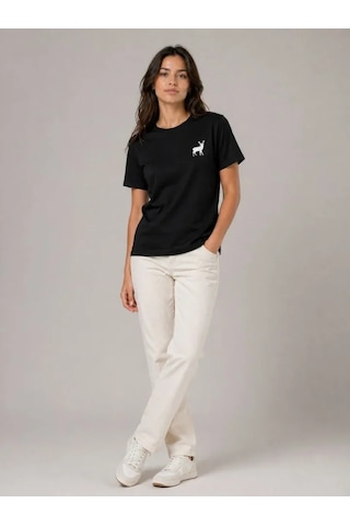 Hazego Minimal Geyik Logolu Tişört Bisiklet Yaka Kısa Kol Yazlık T-shirt - Siyah