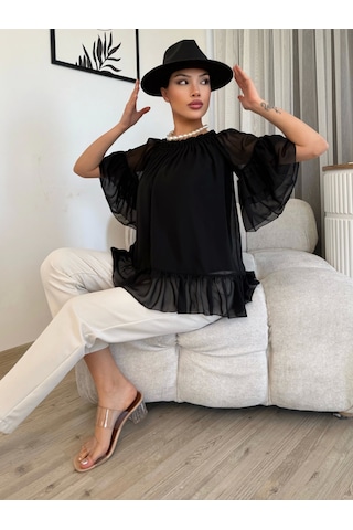 Lodmela Yaka Lastikli Şifon Bluz 6022-Siyah