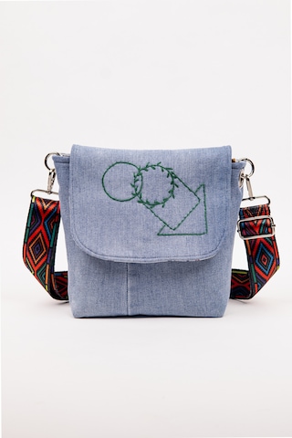 Fabric Craft Bag Kadın Omuz Çantası Kot Kumaş Nakışlı Renkli Desenli Askılı 23x20 Cm Açık Denim
