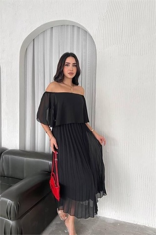 Dipmoda Kadın Siyah Pileli Midi Boy Şifon Elbise Dpk4102 Siyah