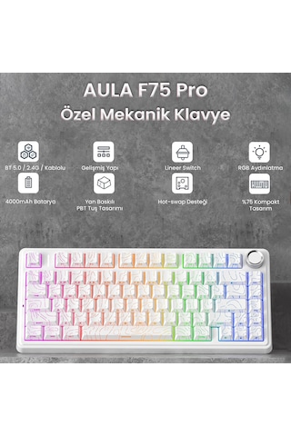 Aula F75 Mekanik Rgb Tkl Seiya Switch Kablosuz Makrolu Hot Swap Klavye Desenli Beyaz