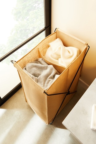 Ocean Home Textile Katlanabilir Bölmeli Siyah Metal Destekli Naturel Jüt Çamaşır Sepeti 44 x 29.5 x 63 cm