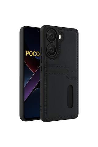 Xiaomi Poco X7 Pro Uyumlu Deri Kartvizitli Kartlıklı Premium Telefon Kılıfı Kapak Siyah