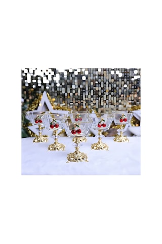 Assa Bazaar 6 Lı Kiraz Detaylı Gold Metal Ayaklı Magnolia Cup Mini Dondurmalık & Tatlı Kasesi Seti Kırmızı
