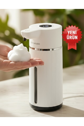 Evo House Otomatik Sensörlü Köpük Sıvı Sabunluk - Şarjlı- Dijital Led Ekran - Duvara Monte - E15 Model Beyaz