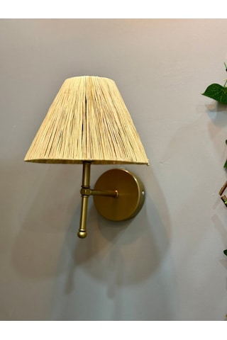 Rafya Saçaksız Bohem Hasır El Yapımı E27 Ampül Kablolu Aplik - Alt Eskitme Gold Natural