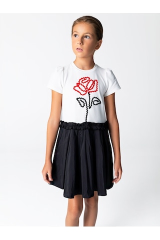 Sheshe Gül Desenli Örme Üst Tafta Etek Elbise Renkli