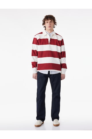 Koton Uzun Kollu Pamuklu Düğmeli Polo Yaka Çizgili Sweatshirt Kırmızı Çizgili 6sam70078mk