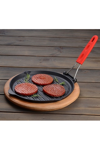 Lava Döküm Izgara Tava, Tel ve Silikon Saplı. Çap(Ø)23cm.