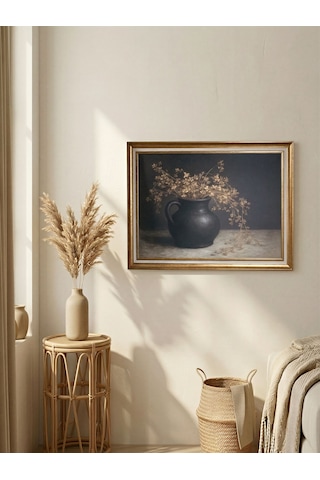 Vintage Gold Çerçeveli Natürmort Siyah Saksı Dekoratif Tablo 60x80 Cm