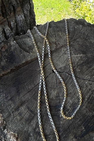 Örgü Model Şık Tasarım Silver Gold Renk Gümüş Ve Altın Renk 316l Çelik Zincir Kolye 65cm Altın - Gümüş