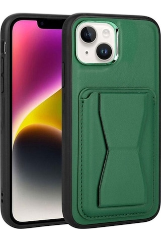 Apple Uyumlu iPhone 14 Plus Kılıf Kartlıklı Standlı Pu Deri Zore Memo Kapak Koyu Yeşil