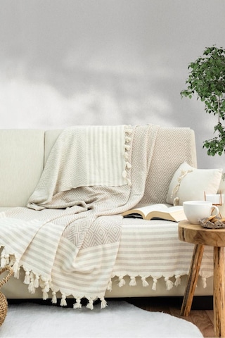 Reno Desen Dokuma %100 Pamuklu Çok Amaçlı Pike Koltuk Örtüsü 180x230 Bej