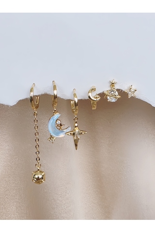 6'lı Ay Top Gezegen Yıldız Figürlü Gold Renk Küpe Seti Altın
