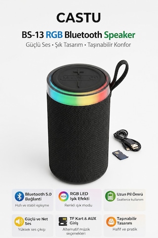 BS-13 RGB LED Işıklı Taşınabilir Bluetooth Hoparlör Yüksek Sesli Kablosuz Speaker AUX USB SD Kart Destekli Şarjlı
