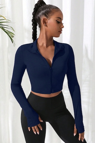 Angbutik Kadın Lacivert Uzun Kol Fermuarlı Parmak Geçme Detaylı Dik Yaka Crop Top Bluz