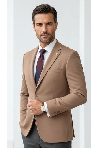Plus Scorpion Erkek Slim Fit Çift Düğme Çift Yırtmaçlı Blazer Ceket Premium Dokulu Kumaş Taba