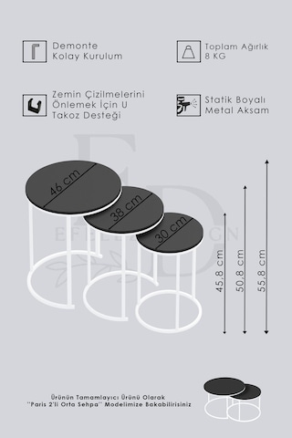 Paris 3'lü C Zigon Sehpa Gümüş Metal - Siyah Mermer Tabla