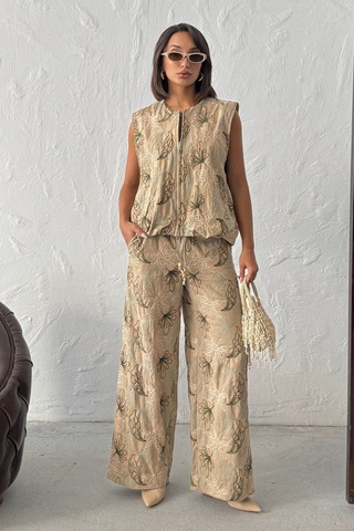Verymoda Nakışlı Keten Pantolon F2008 Kahve