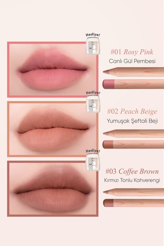 Kremsi e Sahip Dudak Kalemi Ve Kalemtıraş Seti Clio Velvet Lip Pencil Set 02 Peach Beige