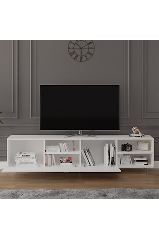 Asra Trend Tv Ünitesi T-18 %100 MDF 200 cm Büyük Boy Tv Sehpası Dolaplı Raflı Beyaz