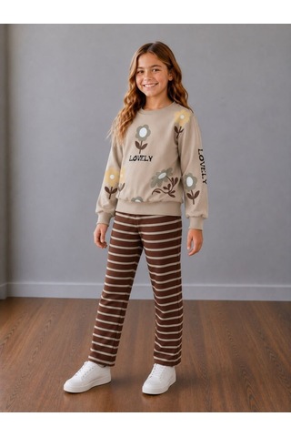 Çiçek Baskılı Sweatshirt Ve Kahverengi Çizgili Eşofmanlı Kız Çocuk Bej&kahve Uyumu Harika Alt Üst 2' Krem - Kahverengi