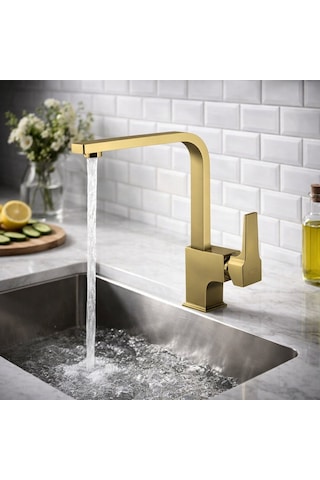Newarc 941888L Aqua Köşe Borulu Eviye Mutfak Bataryası Altın