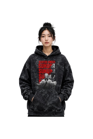 Sevbano Jujutsu Kaisen Sukuna Anime Baskılı Unisex Oversize Yıkamalı Prem Siyah