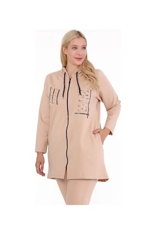 Mia Butik Kadın Büyük Beden İki İplik Krem Taş Ve Pul Payet Detaylı Ceket-820 Krem