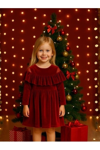 Kız Çocuk Omuzları Açık Kat Kat Fırfırlı Kırmızı Kadife Elbise-16404 Kırmızı