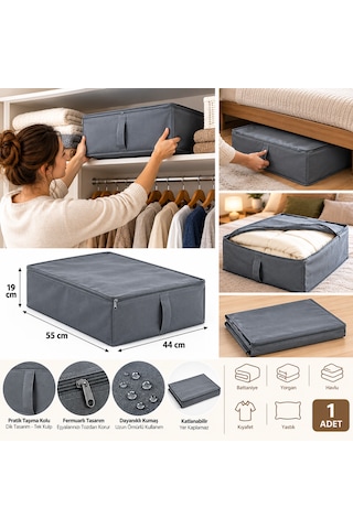 Gri Kumaş Saklama Hurcu 44x55x19 Cm Fermuarlı Dolap İçi Düzenleyici, Yorgan Battaniye Kıyafet Organizer
