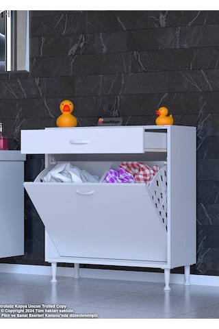 Eliusta Asil 80 Cm Kirli Çamaşır Sepetli Banyo Dolabı 1 Çekmeceli Mutfak Çok Amaçlı Dolap 80x88x32,5 Cm Beyaz