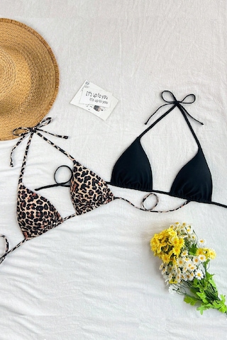 Alfa Aksesuar 03 Kadın Leopar Desenli Ve Siyah Minimal Kesim Üçgen Bikini Üstü Çok Renkli